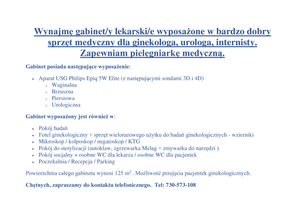 Ogłoszenie gabinetu ginekologicznego